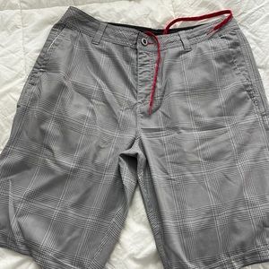 Grey and black plaid board shorts size 33